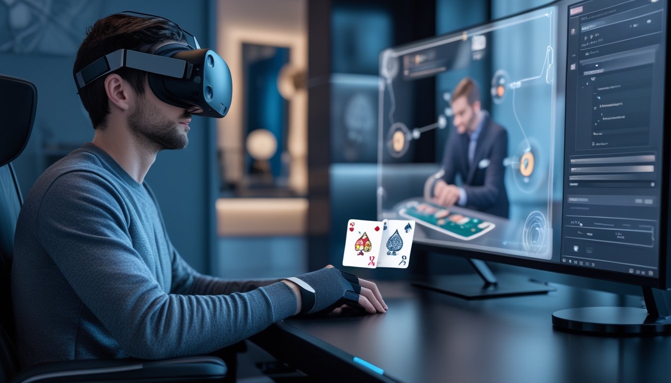 Orang dewasa memakai headset VR dan sarung tangan haptik saat bermain poker virtual di ruang permainan futuristik.