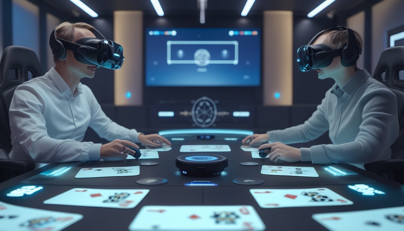 Pemain dewasa memakai headset VR dan berinteraksi dengan meja poker virtual futuristis di ruang permainan modern.