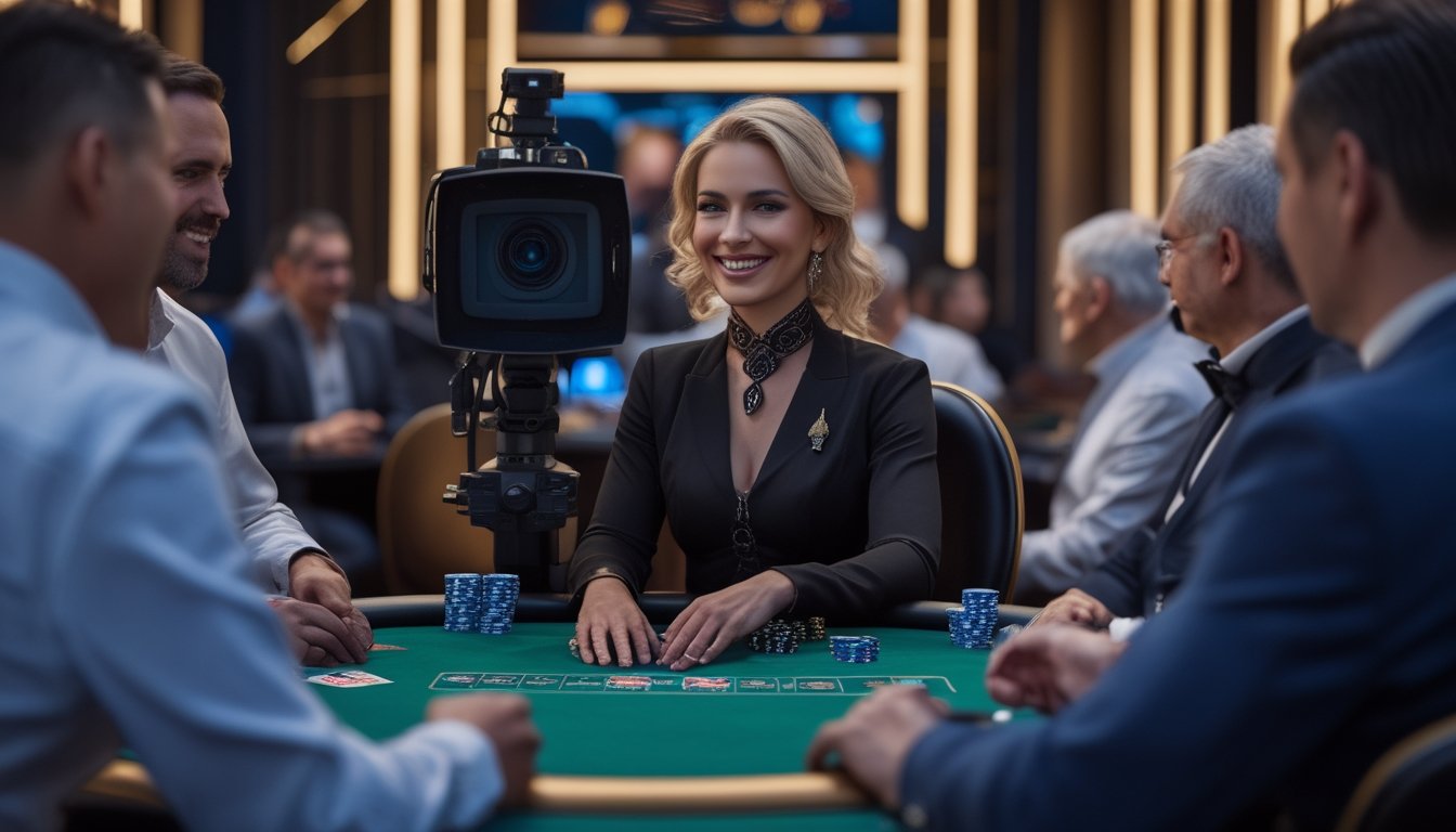 Dealer kasino dewasa memandu permainan poker langsung di meja dengan kartu dan keping poker.