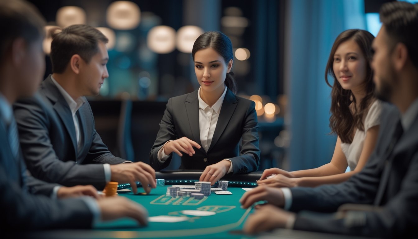 Dealer wanita membagikan kartu kepada pemain dewasa di meja permainan kasino.