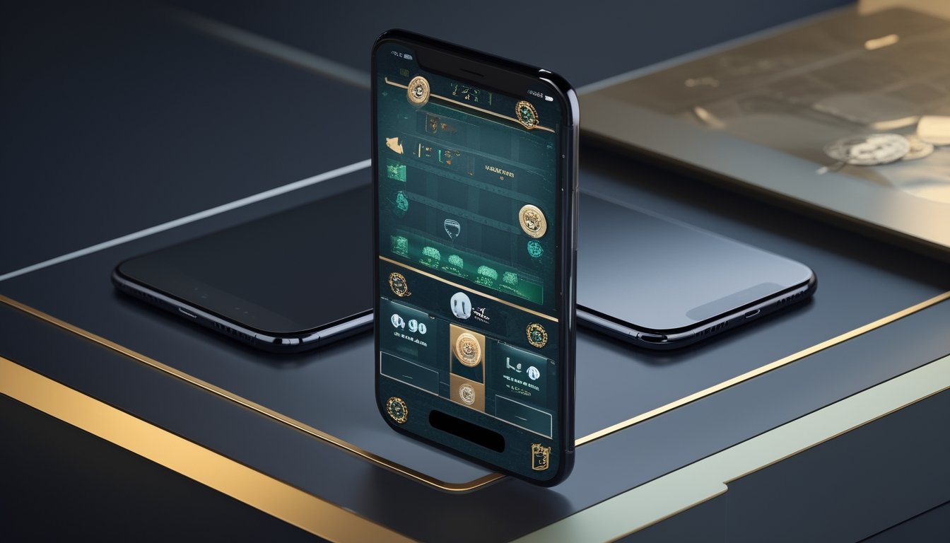 Dua ponsel menampilkan permainan poker digital dengan kartu dan keping poker di atas meja modern.