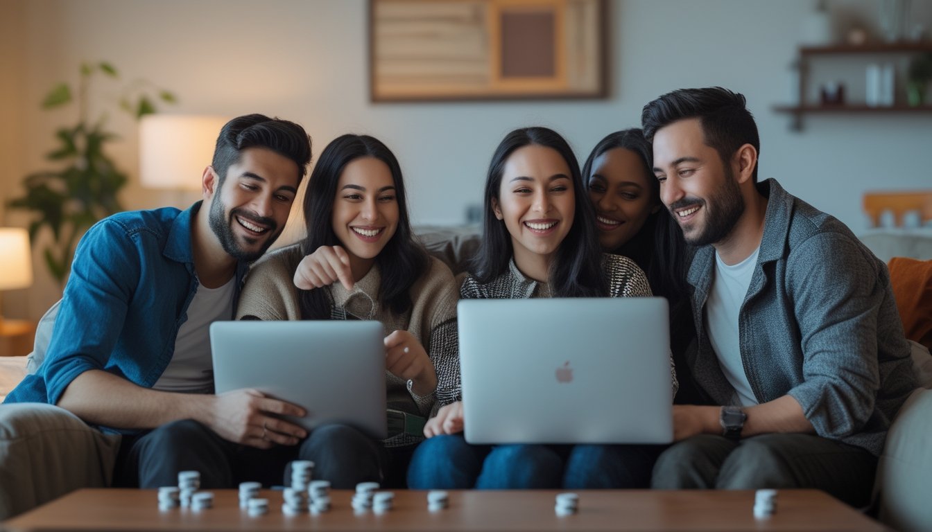 Empat orang dewasa bermain poker online bersama di ruang pribadi sambil menggunakan laptop dan tablet.