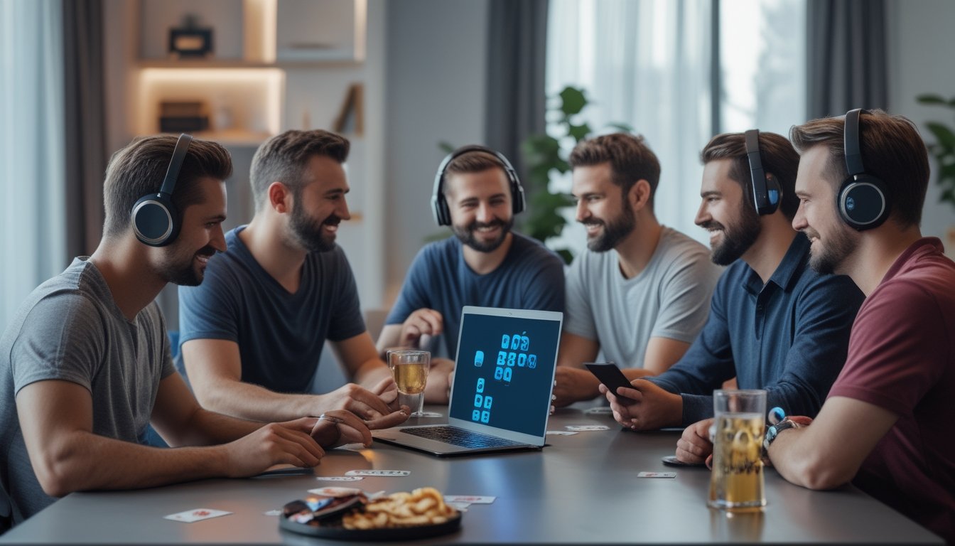 Sekelompok teman dewasa menyiapkan permainan kartu online melalui perangkat digital di ruang santai.