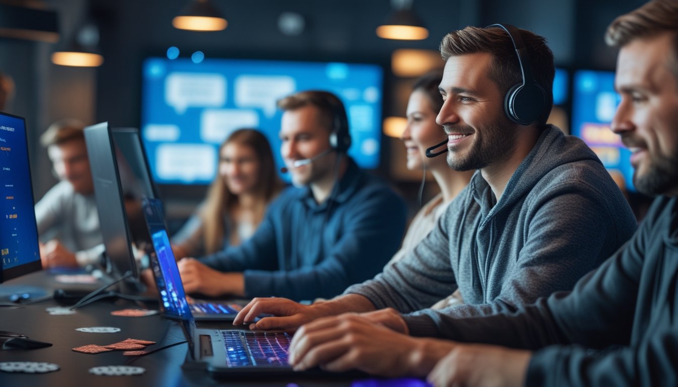 Sekelompok orang dewasa bermain poker daring sambil berkomunikasi melalui obrolan dan mikrofon headset.