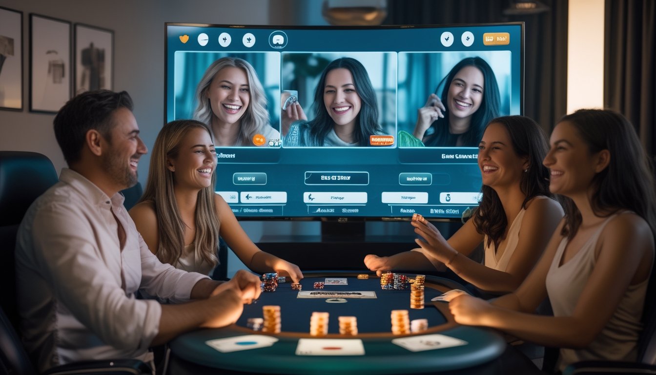 Empat orang dewasa bermain poker daring secara interaktif melalui panggilan video dengan kartu dan keping poker.