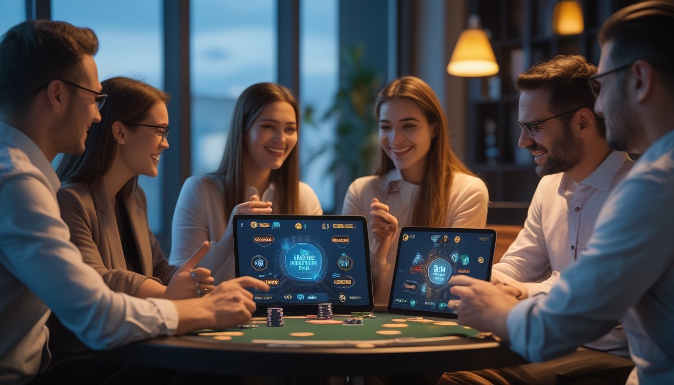 Empat orang dewasa bermain poker digital multipemain bersama di ruang modern dengan kartu, chip, dan perangkat elektronik.