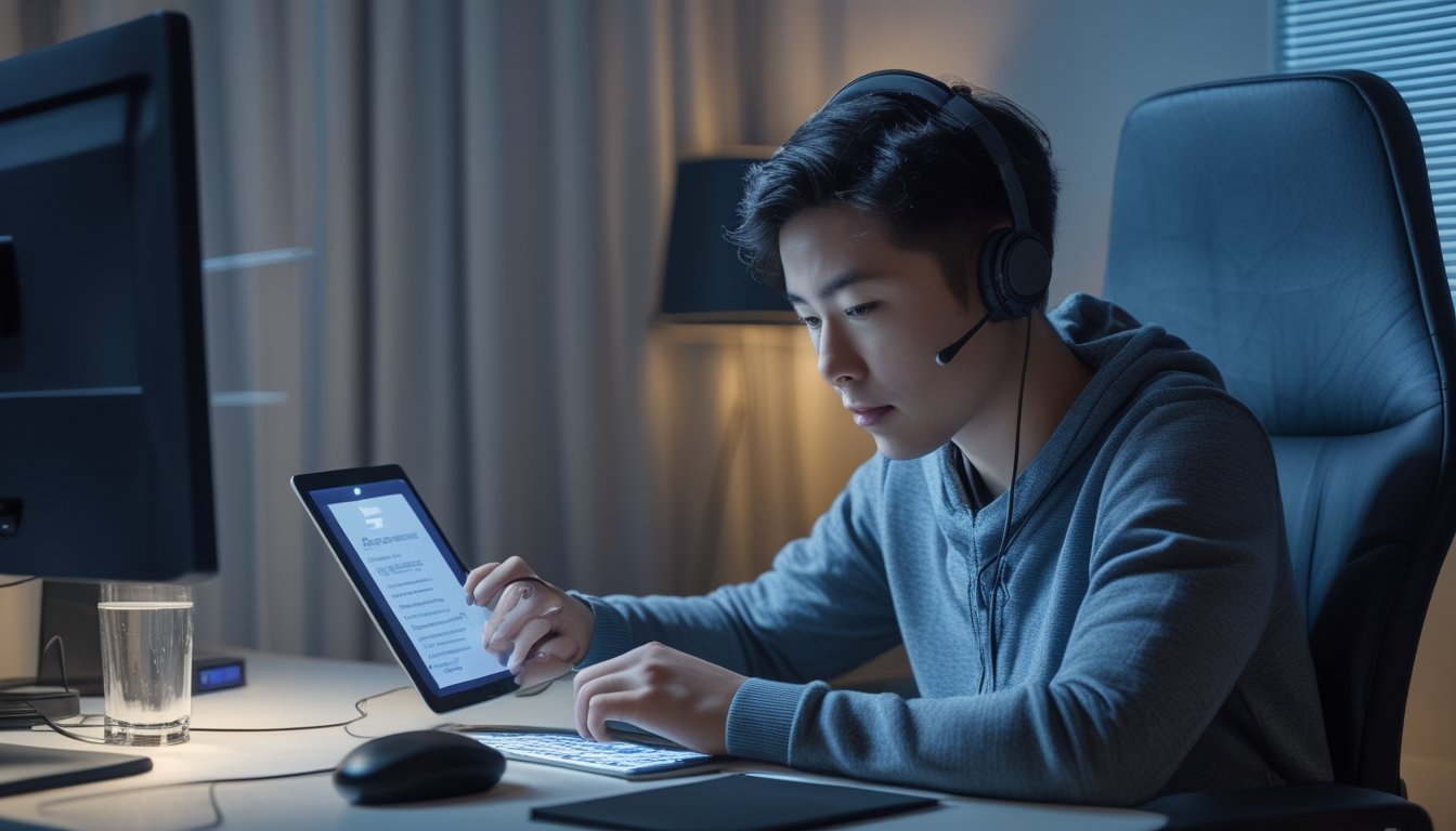 Orang dewasa menyiapkan diri di ruang kerja pribadi sebelum memasuki ruang permainan online.