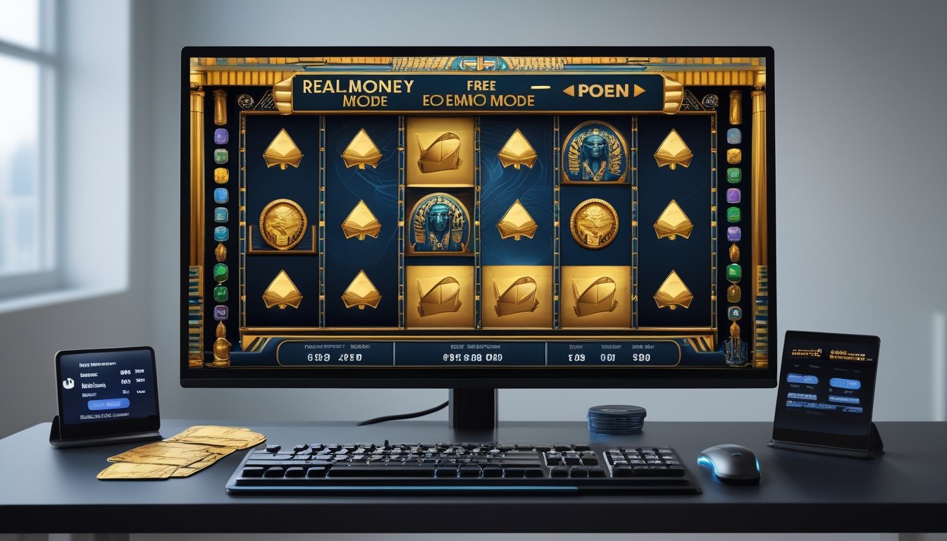 Komputer menampilkan permainan slot bertema Mesir dengan perlengkapan yang menggambarkan mode uang asli dan mode demo.
