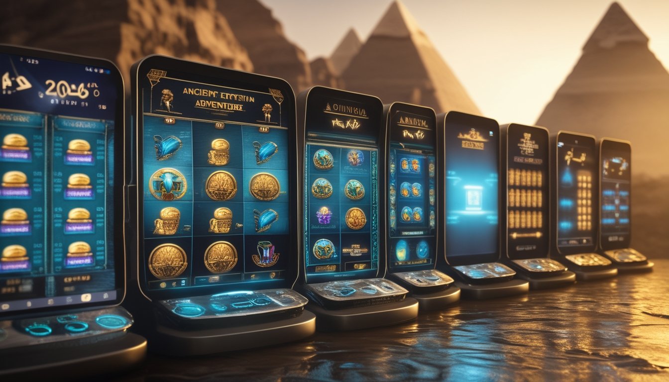 Rangkaian layar permainan slot bertema Mesir kuno yang menunjukkan perkembangan teknologi dari versi lama hingga konsep futuristis.