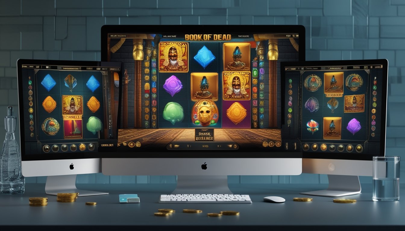 Layar komputer menampilkan beberapa permainan slot bertema berbeda dengan ornamen koin dan kartu tanpa tulisan di atas meja.
