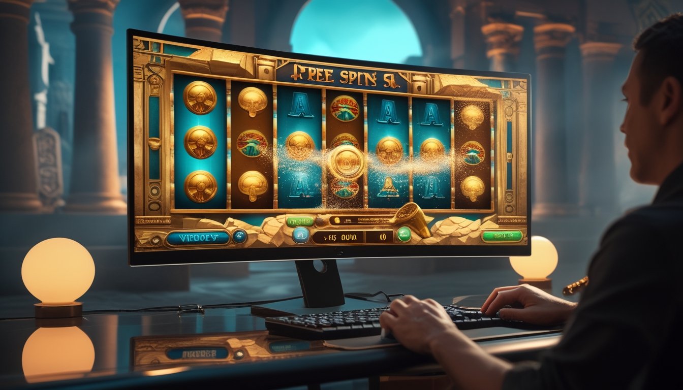 Monitor menampilkan permainan gulungan bertema petualangan Mesir dengan efek cahaya yang menandakan fitur putaran gratis.