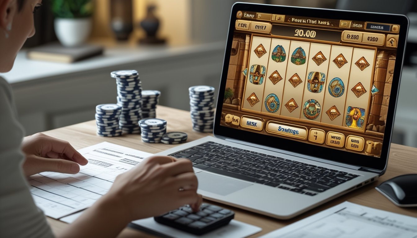 Seseorang mengatur anggaran bermain permainan slot dengan kalkulator, lembar perencanaan, dan tumpukan chip yang tertata rapi.