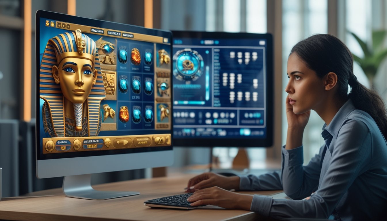 Seorang analis memeriksa tampilan permainan bertema Mesir dengan grafik data dan simbol algoritma acak di ruang kerja modern.