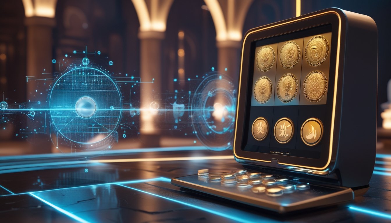 Mesin slot modern dikelilingi visualisasi data dan elemen simbolis yang menggambarkan algoritma acak serta perbedaan mitos dan fakta.