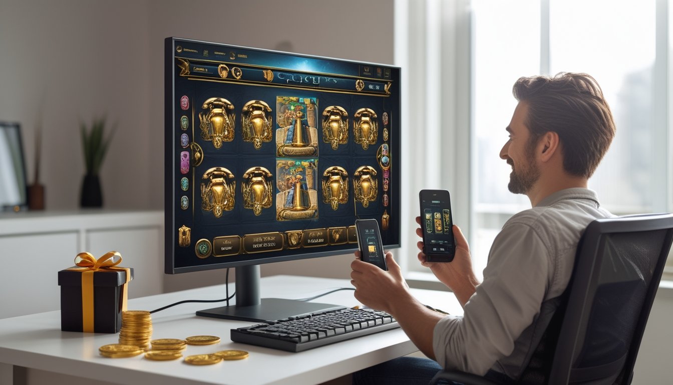 Orang dewasa memainkan permainan slot bertema Mesir di komputer dengan token bonus dan kotak hadiah di meja.