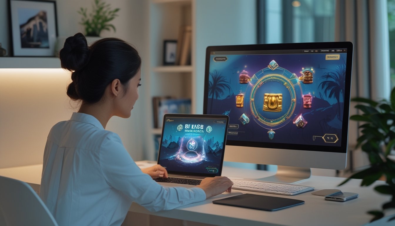 Seseorang menggunakan laptop dan ponsel untuk mengakses platform hiburan digital bertema Mesir kuno di ruang kerja modern.