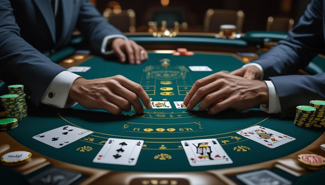 Pemain dan bandar memainkan permainan kartu Casino War di meja kasino dengan kartu dan keping taruhan.
