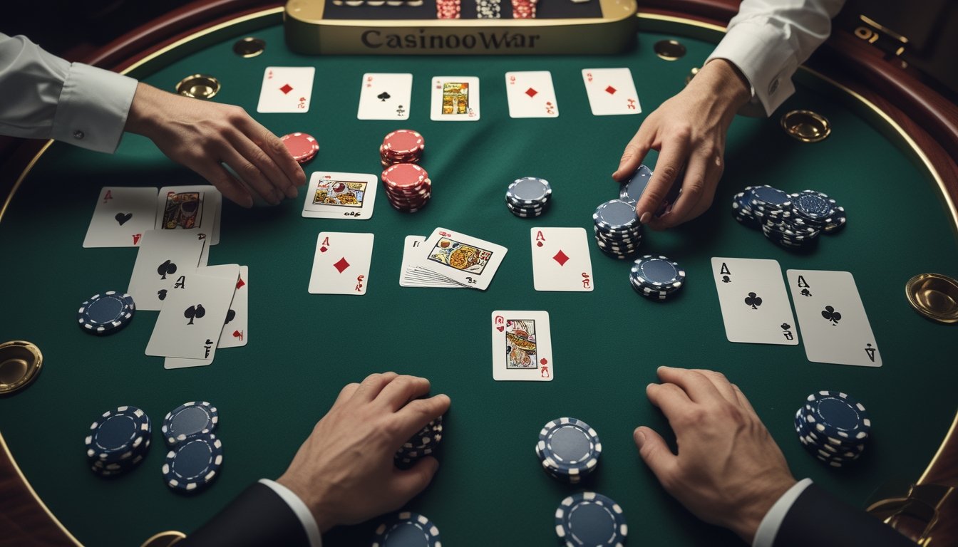 Meja kasino dengan kartu remi terbuka, keping taruhan, dan tangan dealer yang sedang membagikan kartu.