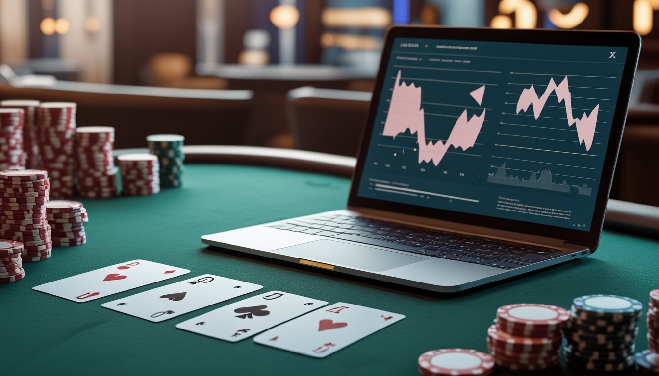 Kartu remi yang seri di atas meja kasino dengan keping taruhan dan perangkat analisis data.