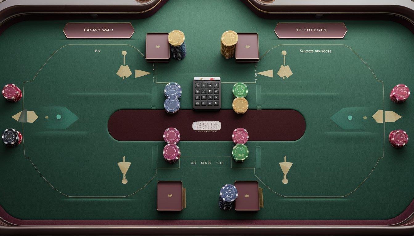 Meja permainan Casino War dengan kartu, keping taruhan, dan alat bantu analisis yang menggambarkan perbandingan hasil.