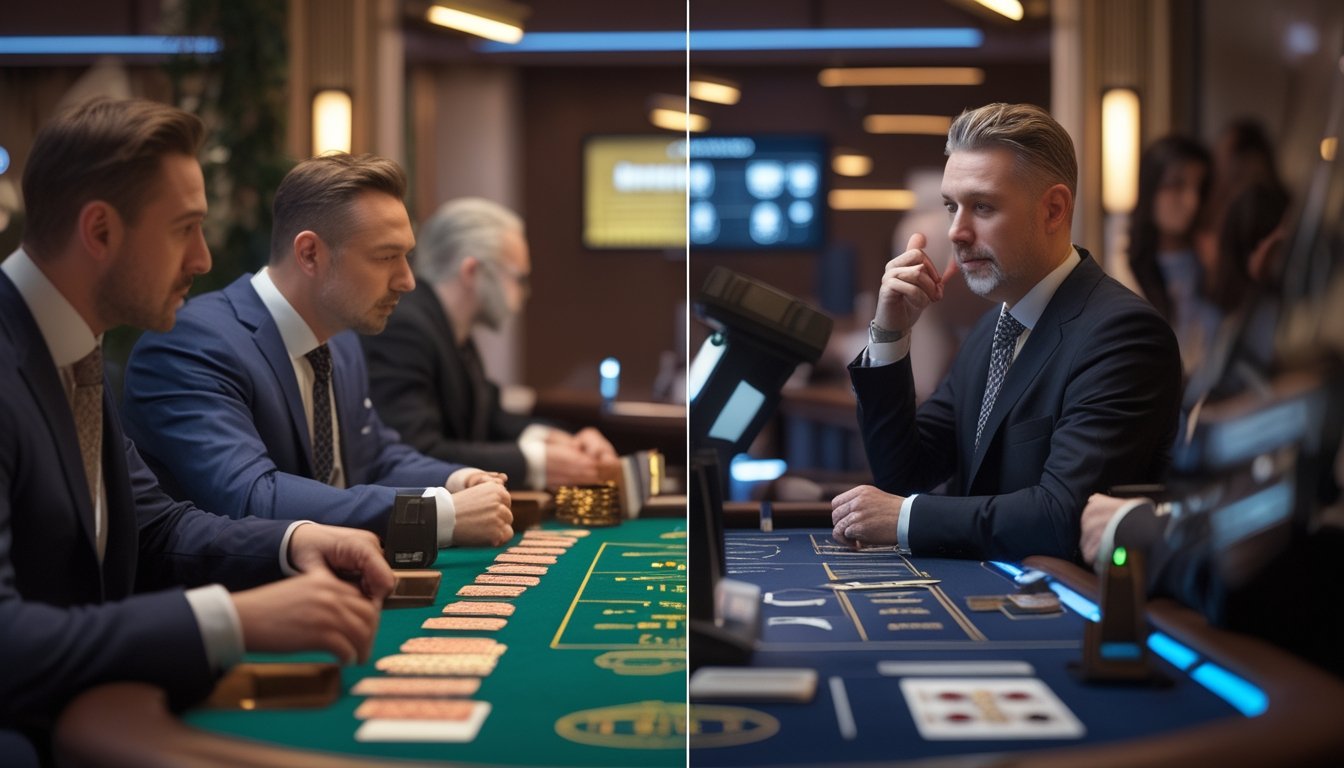 Perbandingan suasana permainan Casino War tradisional di meja fisik dan versi live dealer dengan teknologi modern.