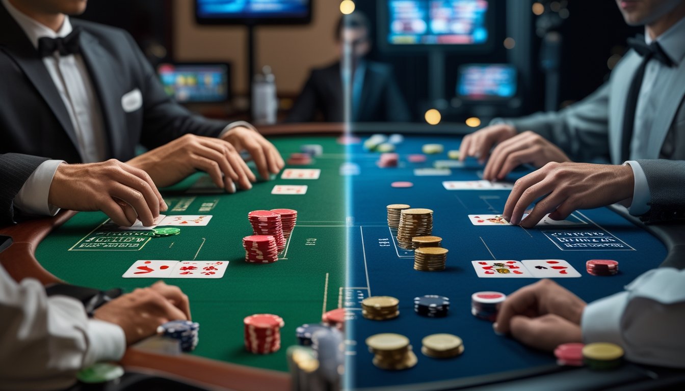 Meja Casino War tradisional berdampingan dengan studio permainan live dealer.