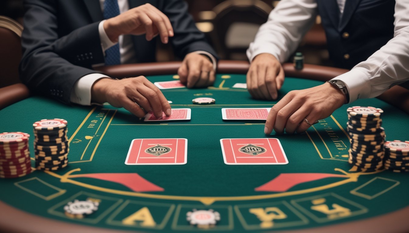 Pemain dan dealer berada di meja Casino War dengan kartu serta chip taruhan saat pemain mempertimbangkan untuk menyerah.