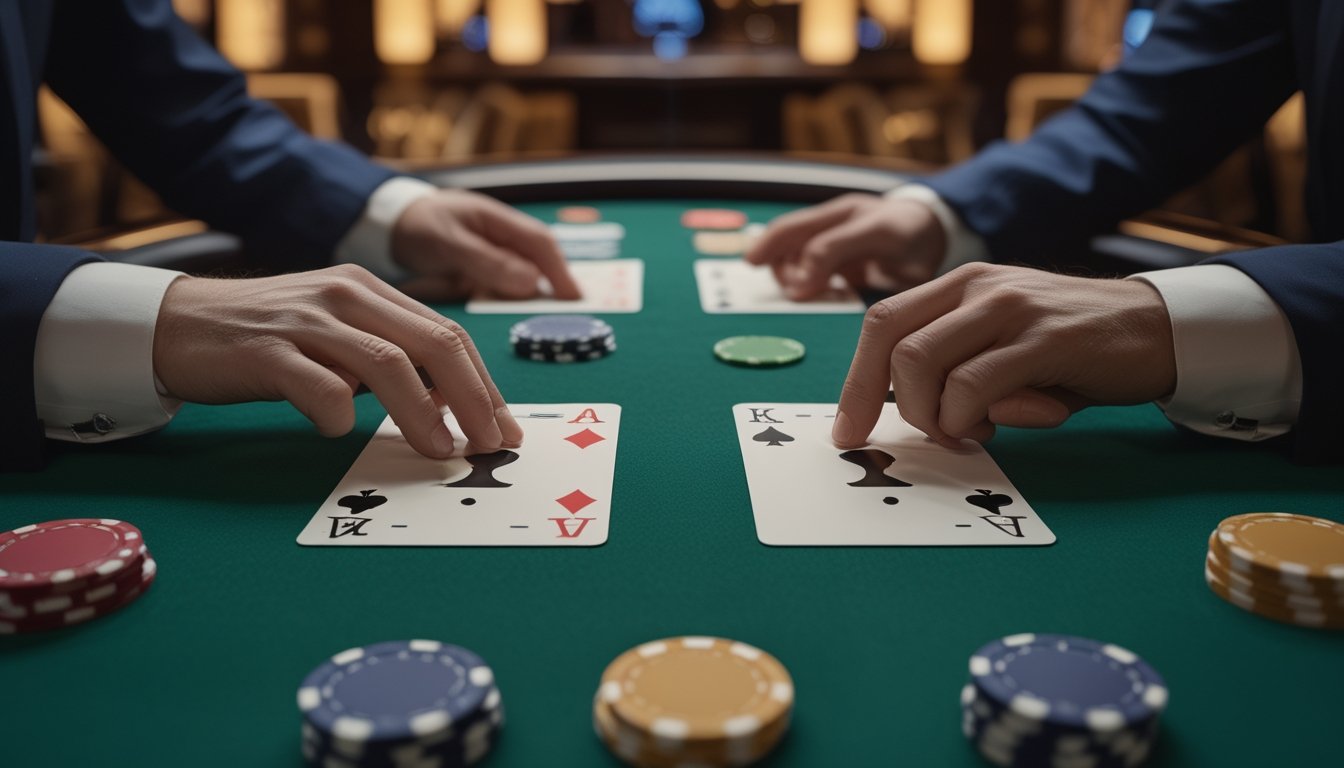 Kartu remi dan keping taruhan tersusun di atas meja kasino untuk menggambarkan taruhan Tie dalam Casino War.
