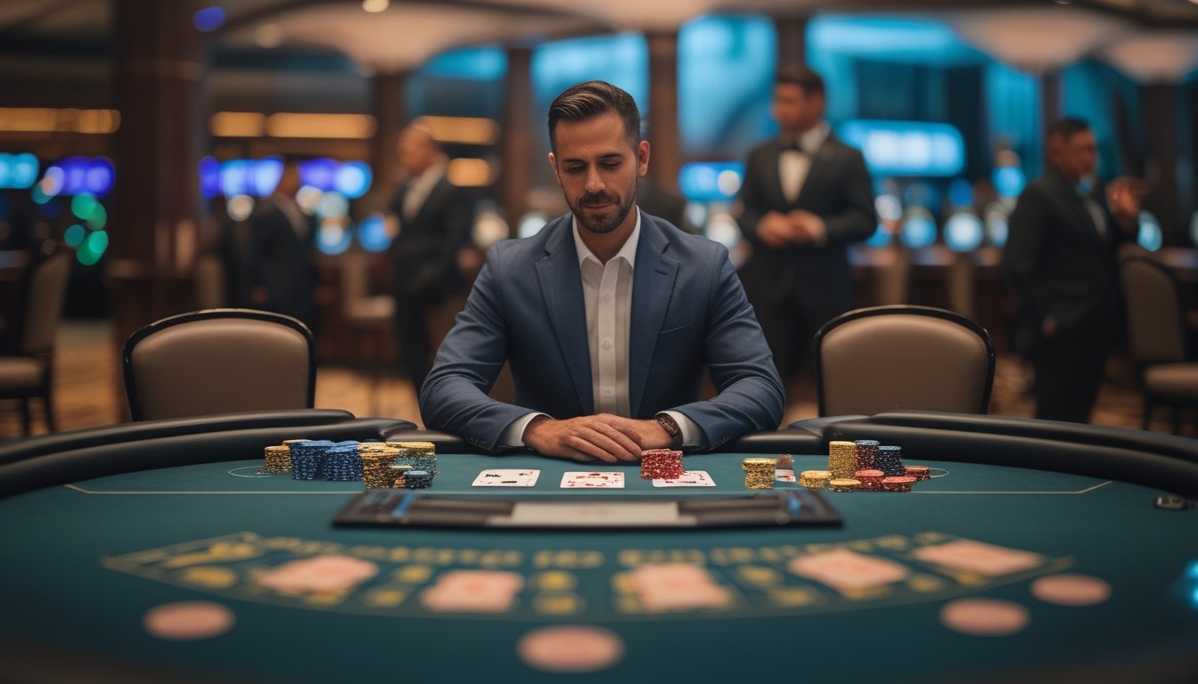 Seorang pemain duduk tenang di meja Casino War setelah mengalami kekalahan, dengan kartu dan keping kasino di depannya.