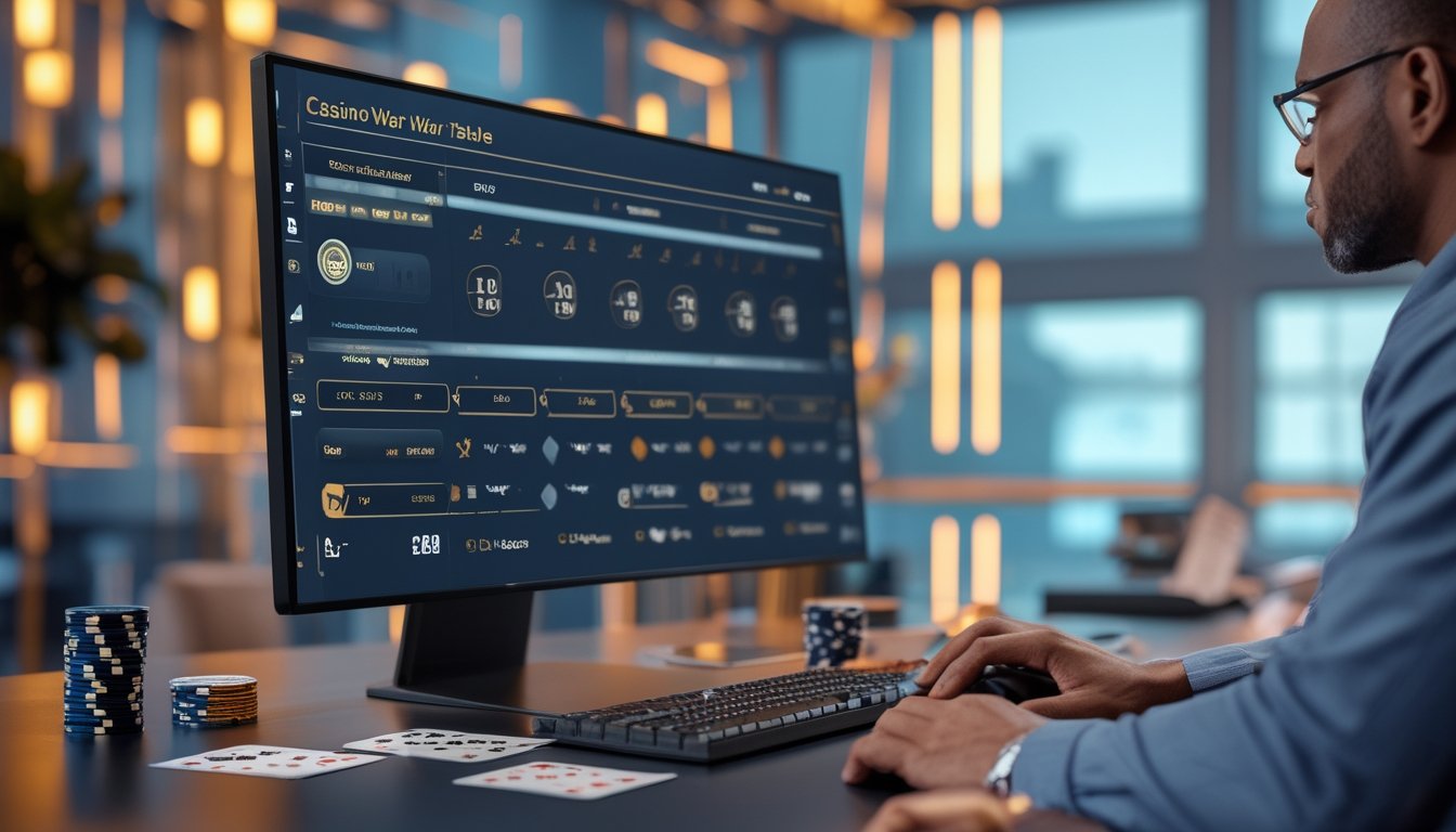 Pemain dewasa membandingkan beberapa meja Casino War daring dengan grafik peluang, RTP, kartu, dan chip di meja kerja.