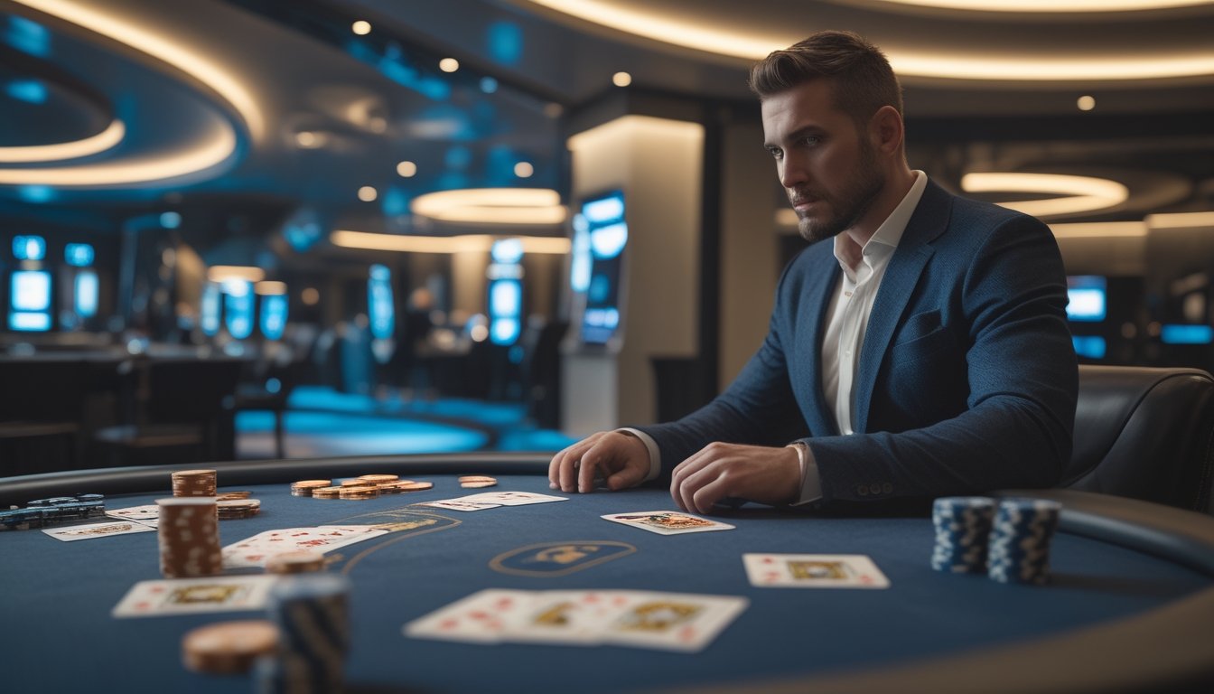 Pemain kartu profesional berhadapan dengan dealer di meja Casino War modern.