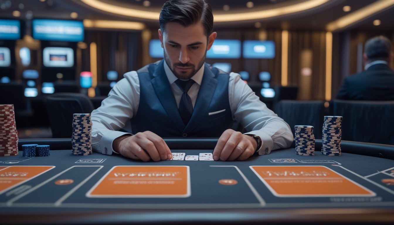 Pemain dewasa yang fokus bermain Casino War di meja kasino modern bersama dealer.