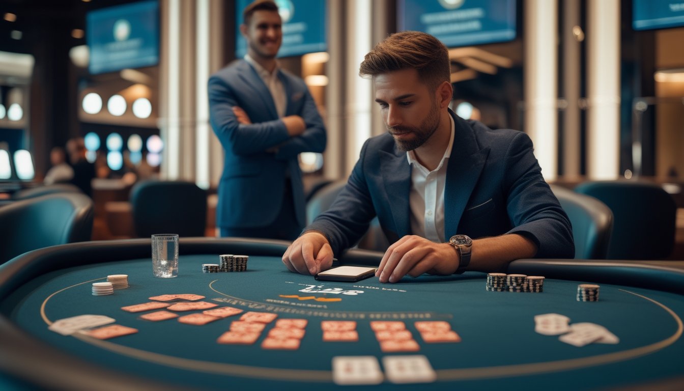 Seorang pemain memeriksa anggaran dengan tenang di meja permainan Casino War, ditemani staf kasino.