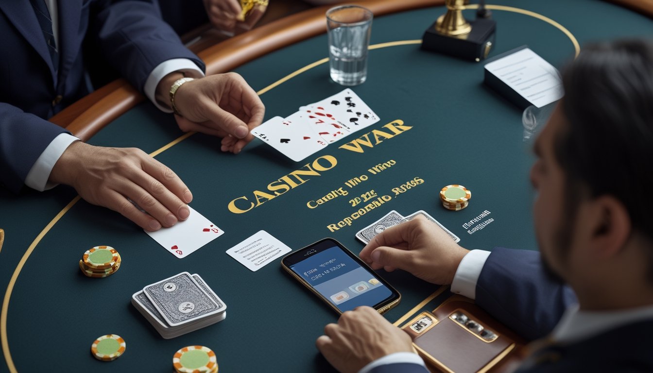 Meja permainan Casino War dengan kartu, chip, catatan anggaran, dan ponsel yang menunjukkan batas waktu bermain.