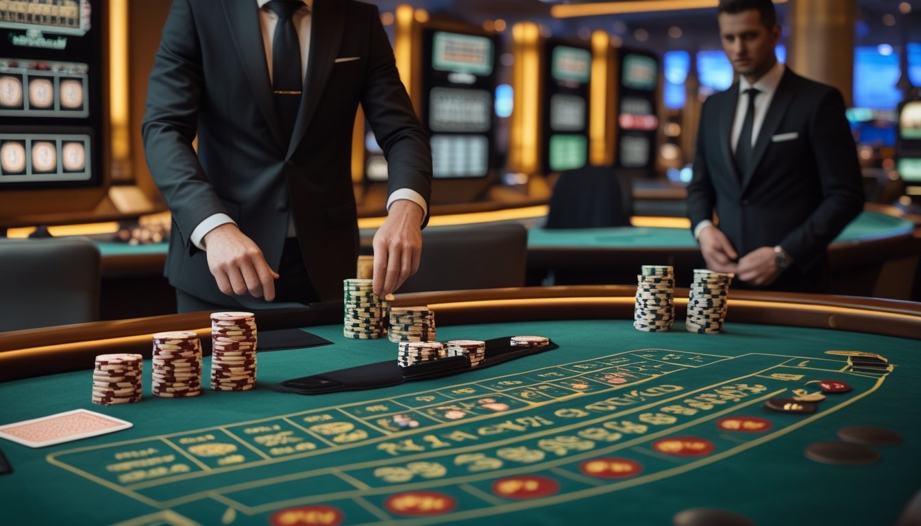 Pemain dewasa mengamati beberapa roda roulette di meja kasino sambil menata keping taruhan.