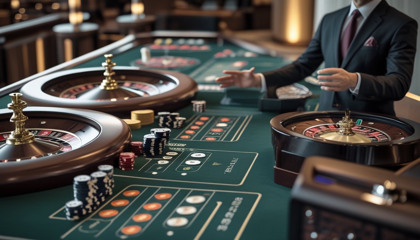 Seorang pemain mempelajari beberapa meja roulette bersama dealer di kasino mewah.