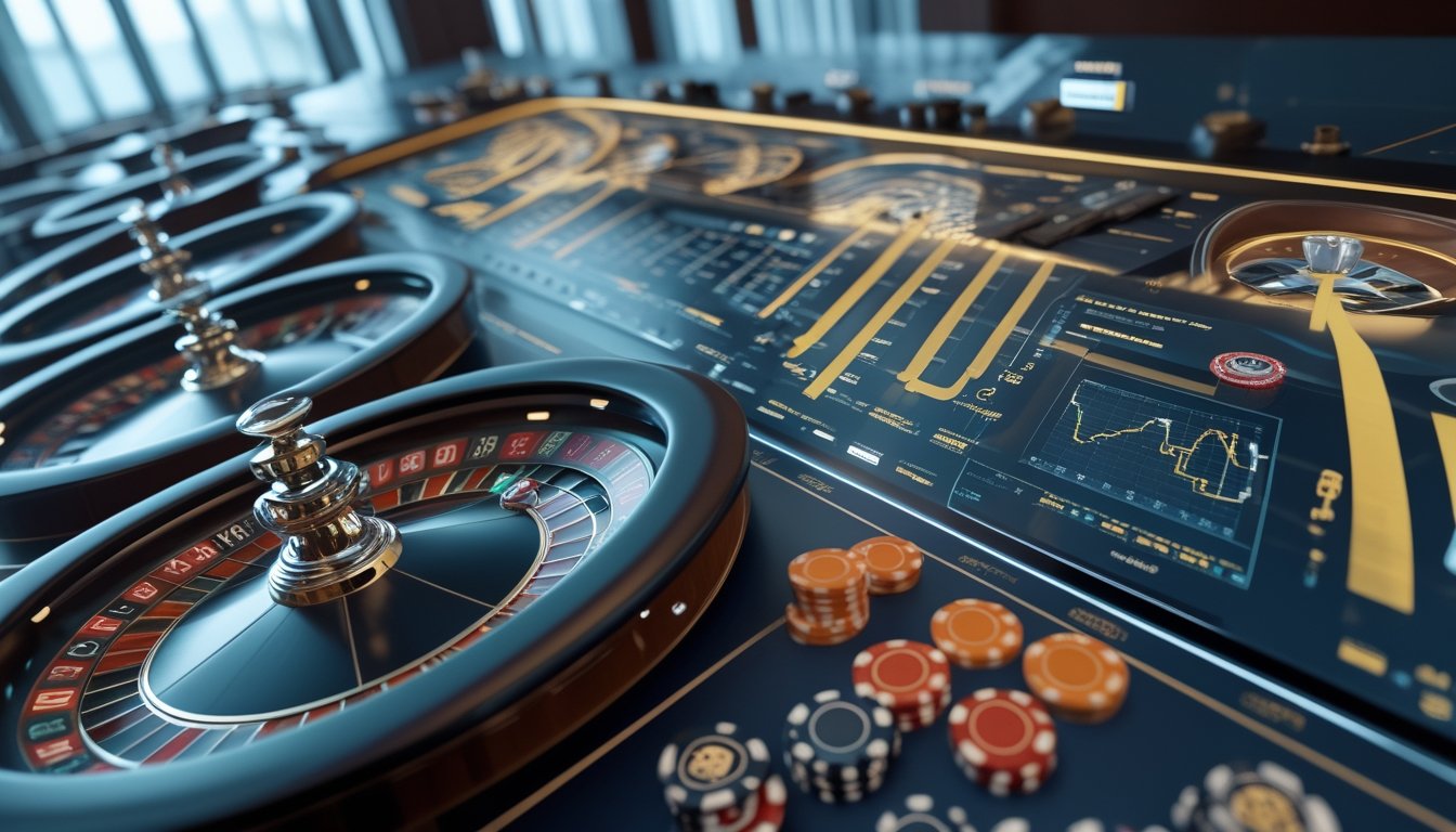 Beberapa roda roulette multi-lintasan dengan chip, bola roulette, dan visualisasi data di meja kasino modern.