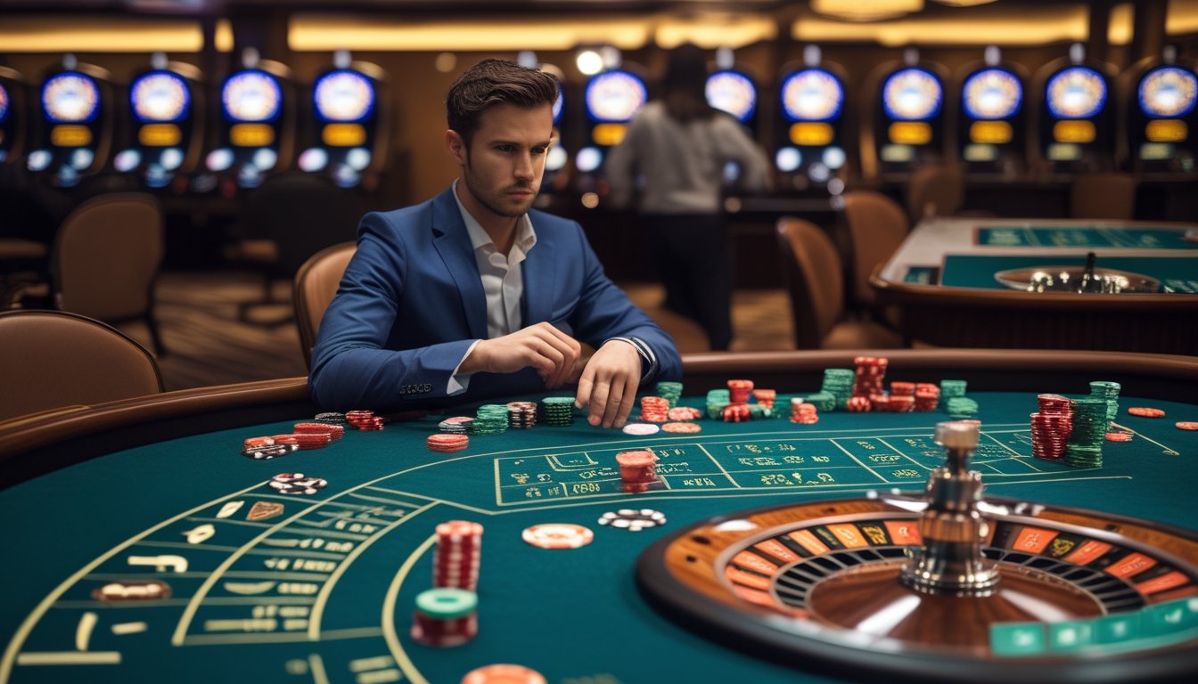 Pemula tampak bingung saat memasang chip di meja roulette dengan beberapa roda yang sedang dimainkan.
