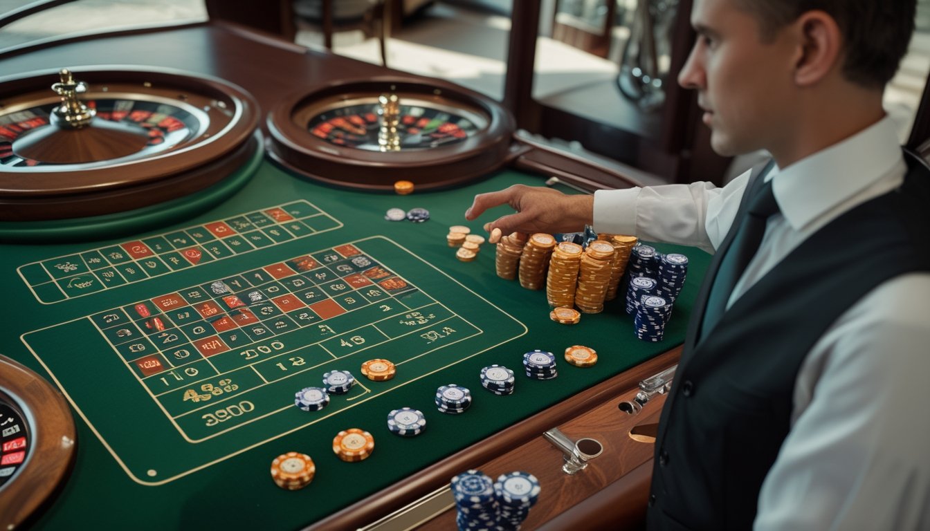 Pemula mempelajari tata letak meja roulette multi-roda dengan arahan seorang dealer di kasino.