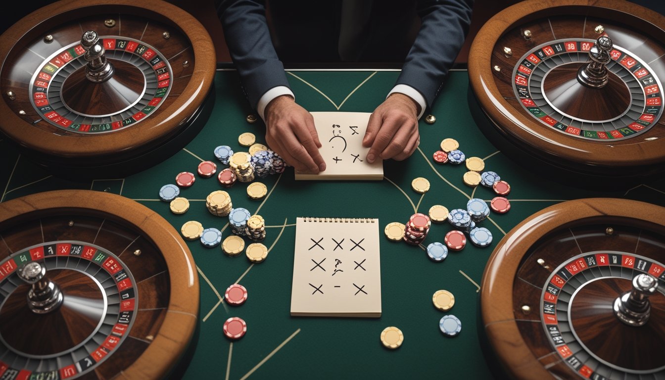Seseorang menganalisis chip taruhan di depan beberapa roda roulette dalam suasana kasino.