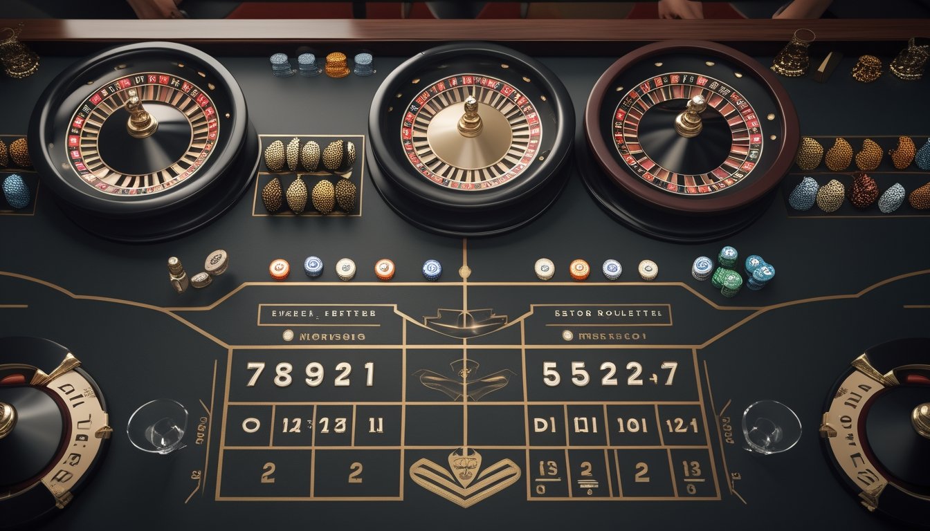 Beberapa roda roulette dengan keping taruhan yang tersusun pada sektor-sektor meja.