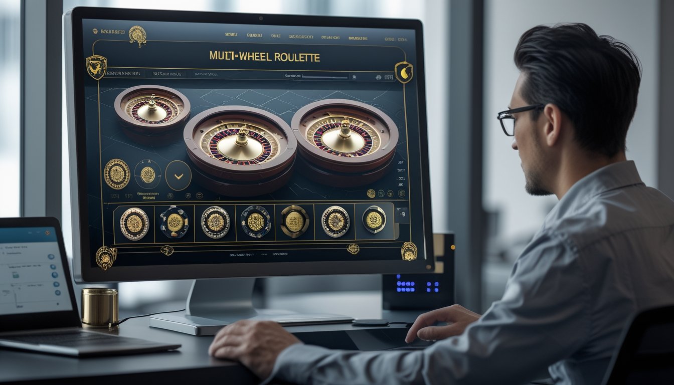 Seseorang meninjau platform roulette multi-roda di komputer dengan simbol keamanan digital.