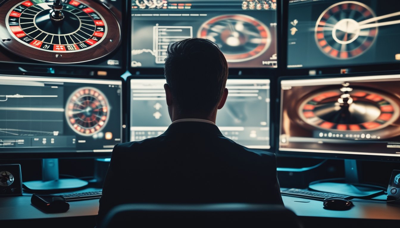 Seorang analis mengamati beberapa roda roulette yang berputar pada layar komputer.