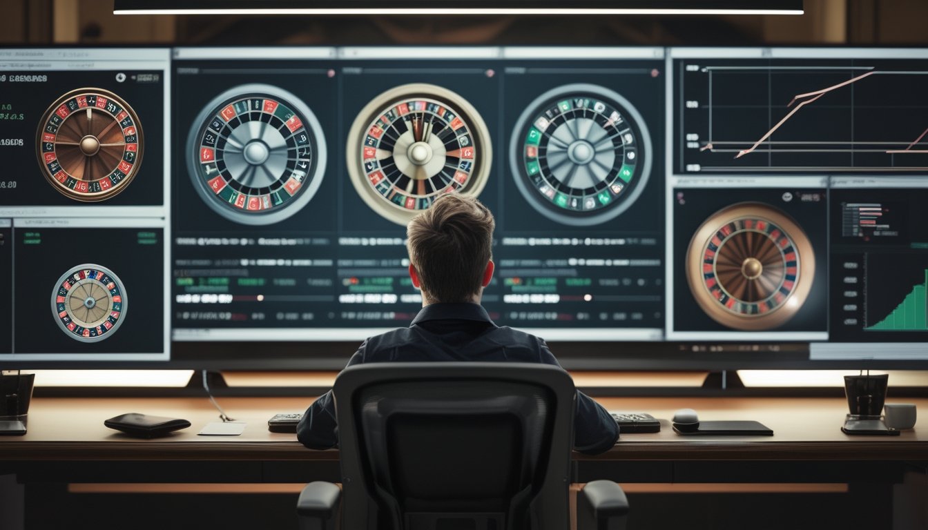Seorang analis mengamati beberapa roda roulette pada layar komputer sambil mencatat pola putaran.