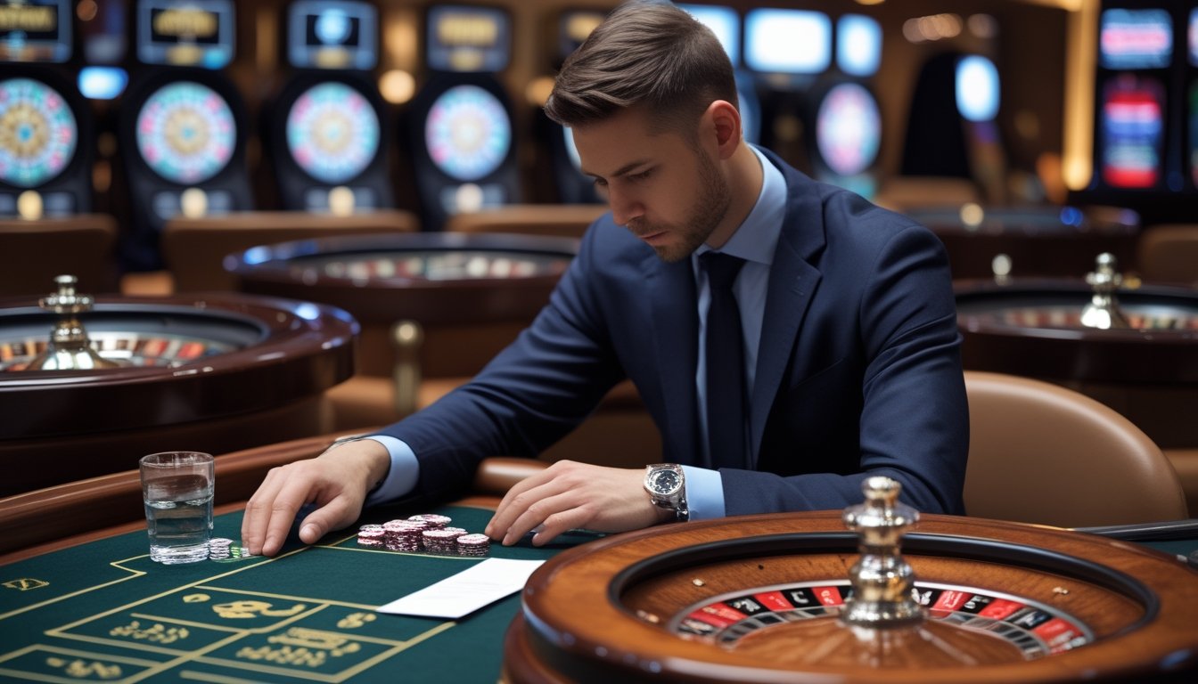 Seorang pemain tenang dan fokus duduk di meja dengan beberapa roda roulette sambil mengatur chip dan catatan sesi.