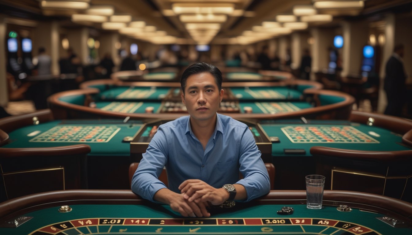 Seorang pemain duduk tenang di meja roulette dengan beberapa roda roulette, menjaga fokus dan mengendalikan emosinya.