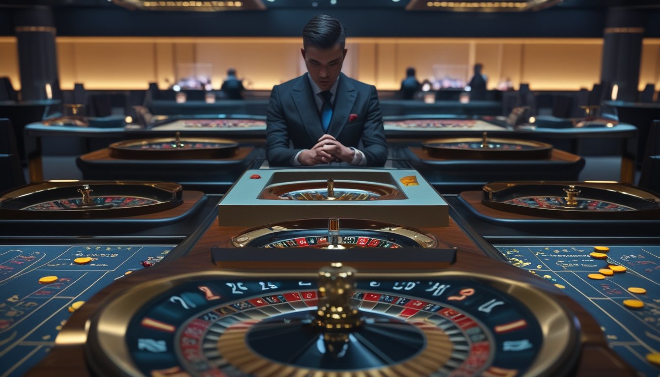 Seorang pemain dan bandar menganalisis beberapa roda roulette di kasino modern.