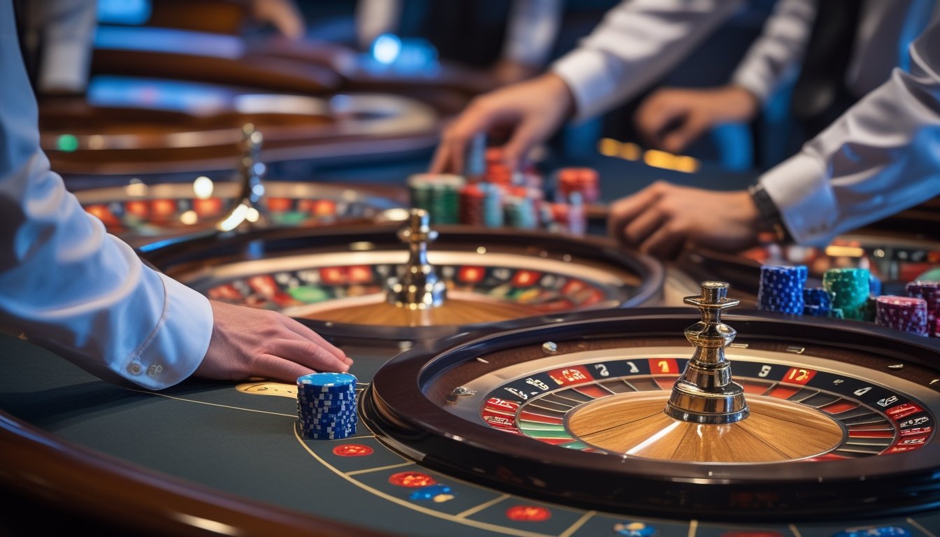 Beberapa roda roulette berada di atas meja kasino dengan bola roulette, keping taruhan, dan tangan dealer.