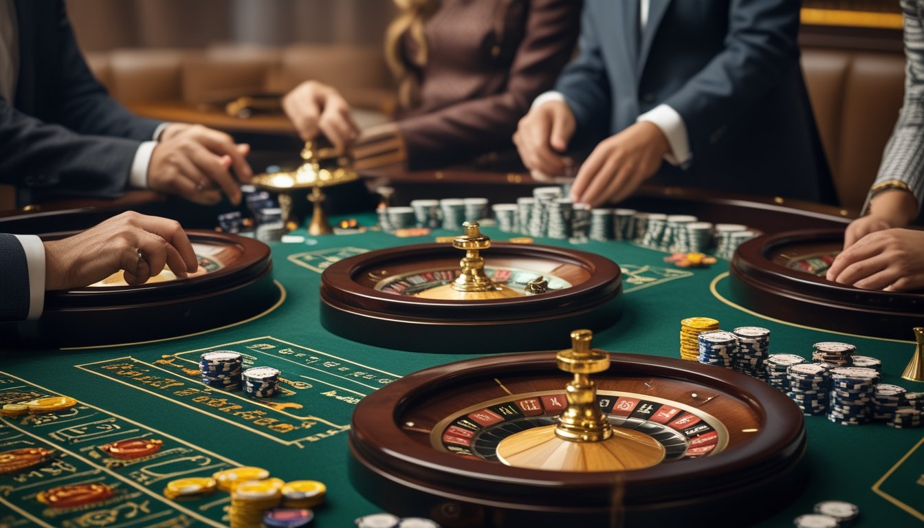 Meja kasino dengan delapan roda roulette dan pemain yang menempatkan keping taruhan di beberapa roda.
