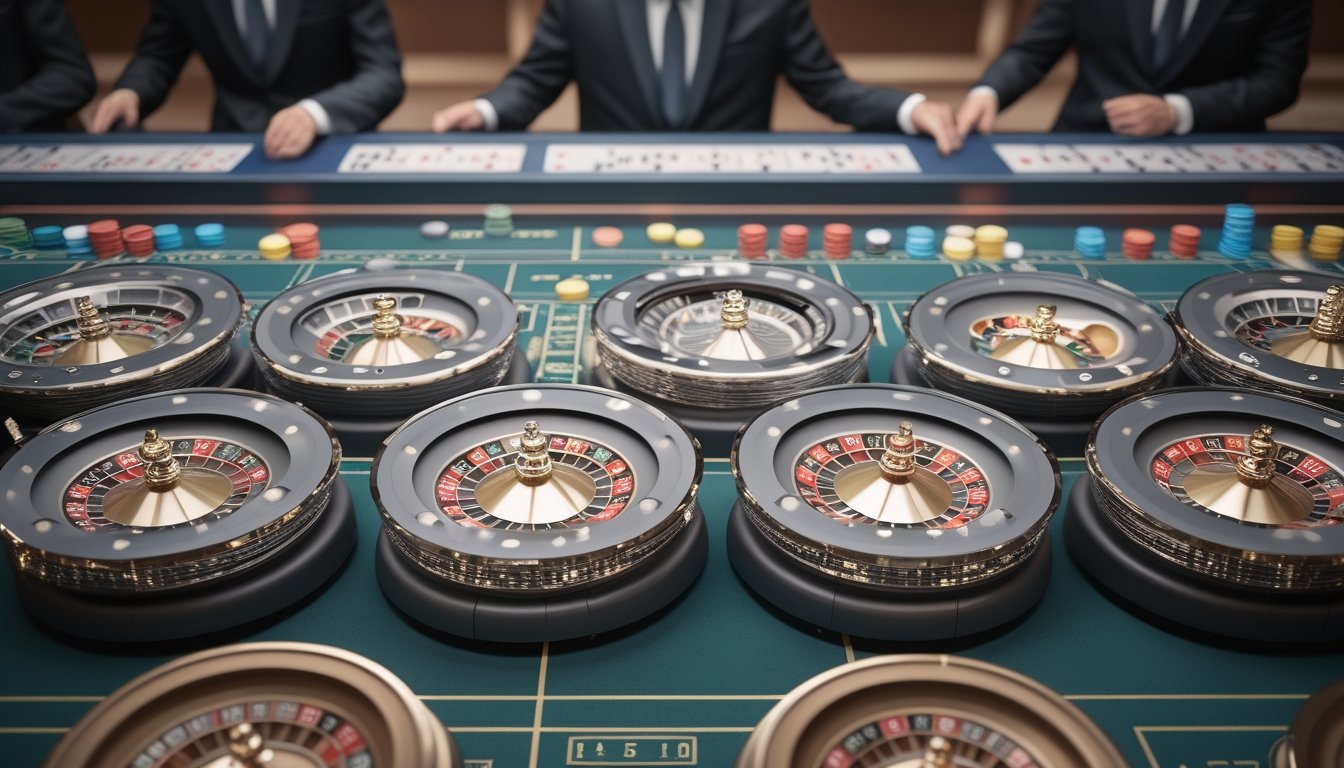Delapan roda roulette ditata bersamaan di meja kasino dengan chip taruhan dan pemain yang mengamati.